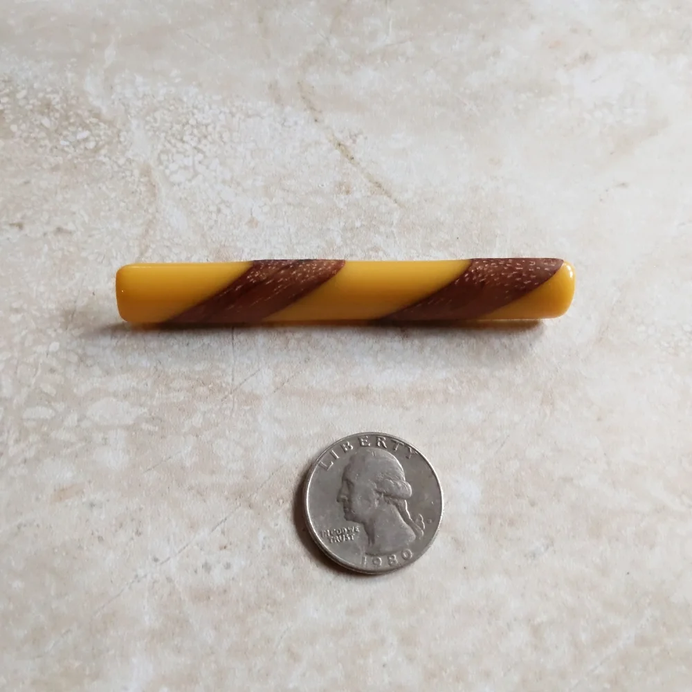Vintage Candy Stripe Yellow & Wood Bakelite Lucite Long Pin Brooch